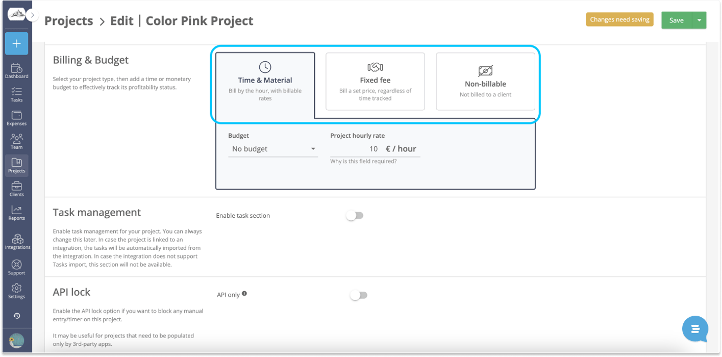 timeneye edit project types