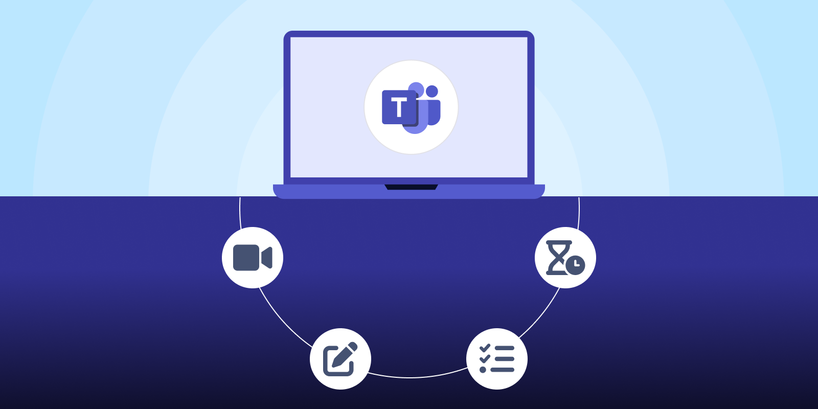 illustrations of a laptop and microsoft teams logo, surrounded by project-related icons