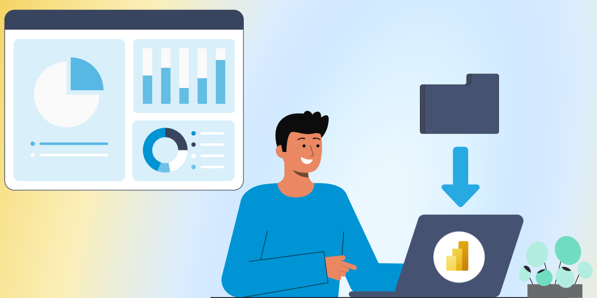 image of a worker on a laptop with the Power bi logo and graphs and charts behind them