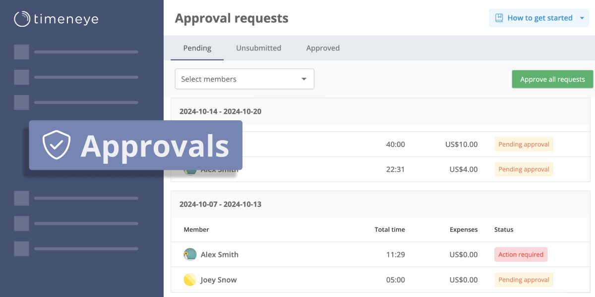 a screenshot of the time approval feature of timeneye with the Approval menu item in highlight